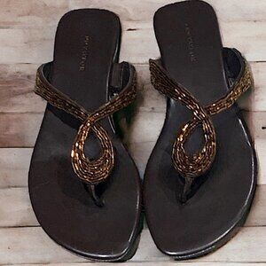 Ann Taylor Leather Flip Flop withe Bronze Bugle Beads